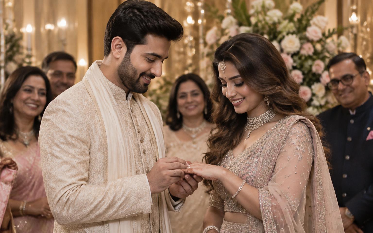 Indian couple exchanging engagement rings at a ring ceremony in a Delhi banquet hall