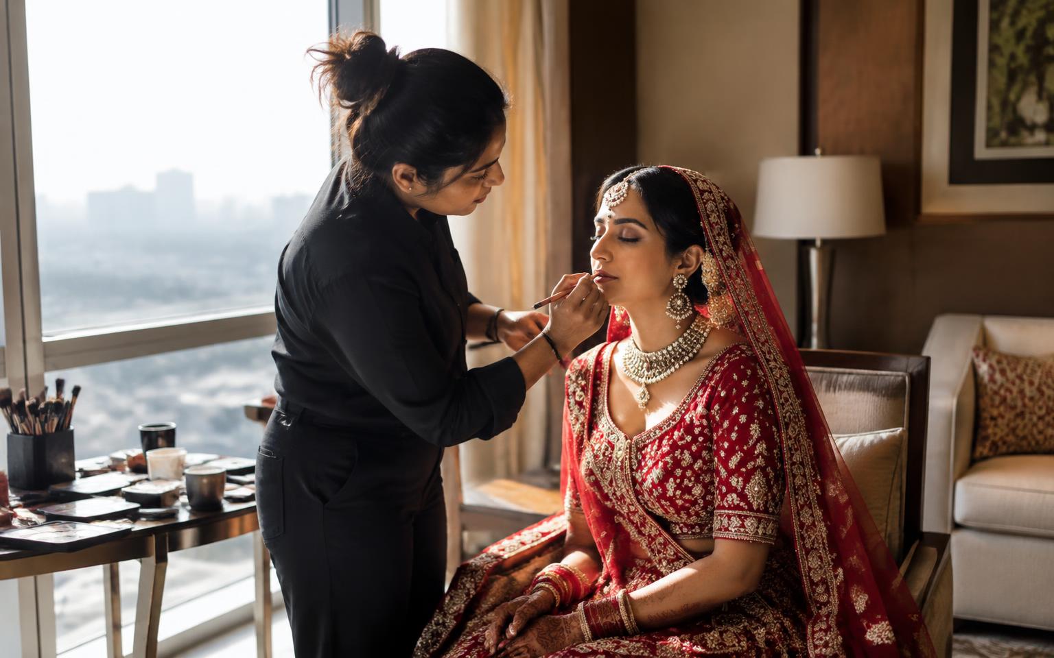 Indian bride in a red lehenga having final makeup touches by a hotel suite window