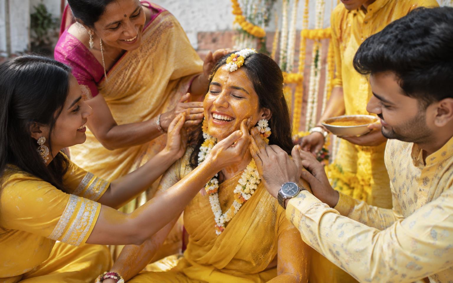 Family applying turmeric to a laughing bride at an Indian haldi ceremony